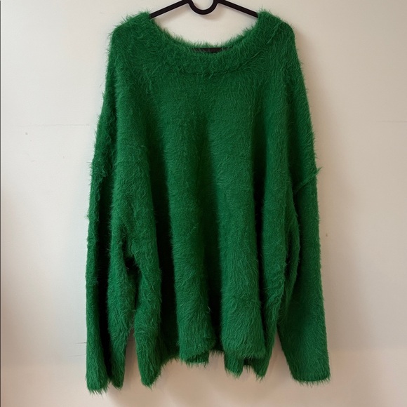 Free People Harrison Bunny crew fuzzy teddy sweater oversized green XL - Picture 7 of 9